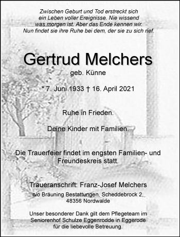 Anzeige von Getrud Melchers 