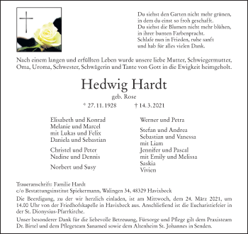 Anzeige von Hedwig Hardt 