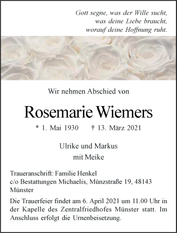 Anzeige von Rosemarie Wiemers 