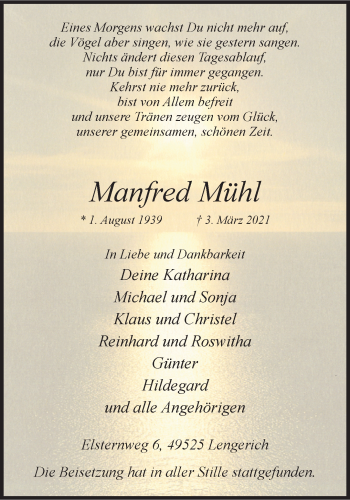 Anzeige von Manfred Mühl 