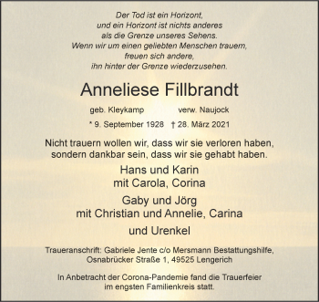 Anzeige von Anneliese Fillbrandt 