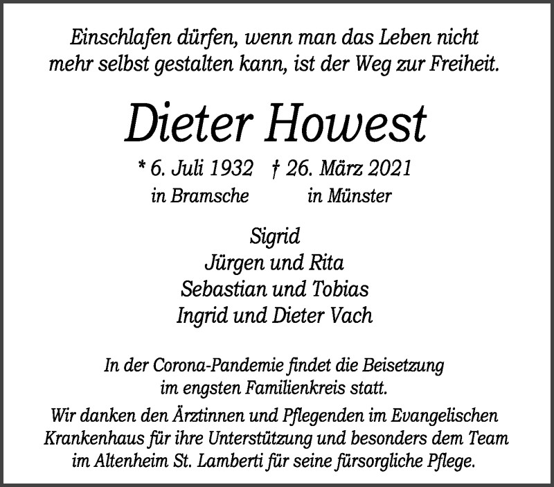  Traueranzeige für Dieter Howest vom 02.04.2021 aus 