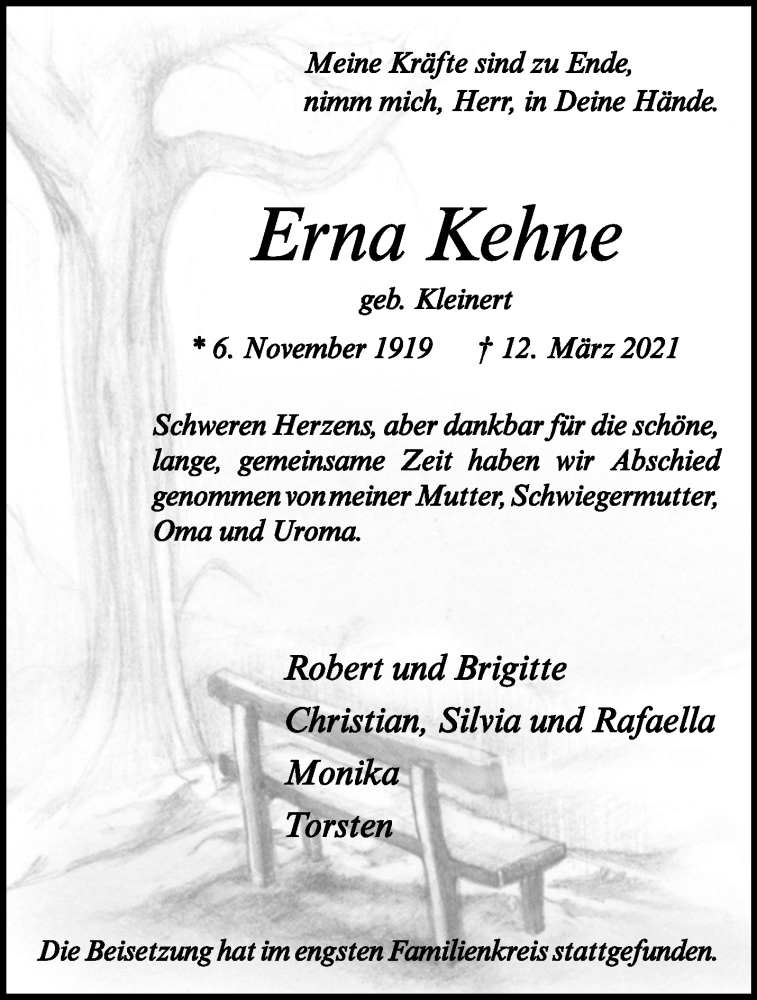  Traueranzeige für Erna Kehne vom 10.04.2021 aus 