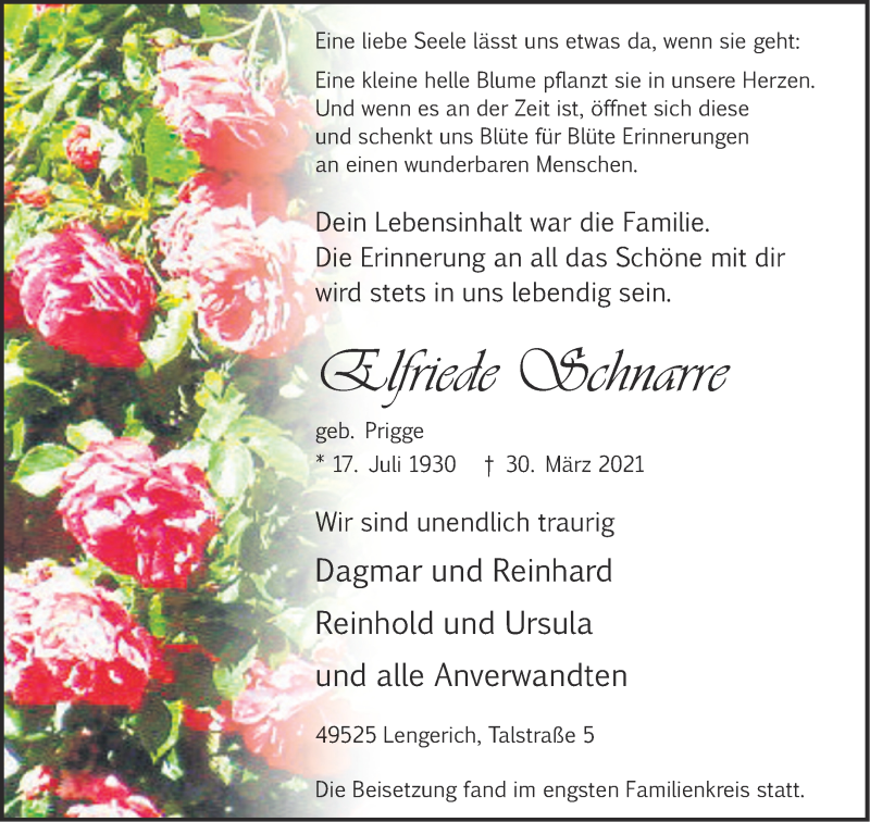  Traueranzeige für Elfriede Schnarre vom 17.04.2021 aus 