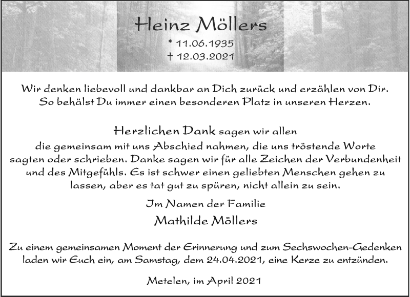  Traueranzeige für Heinz Möllers vom 22.04.2021 aus 