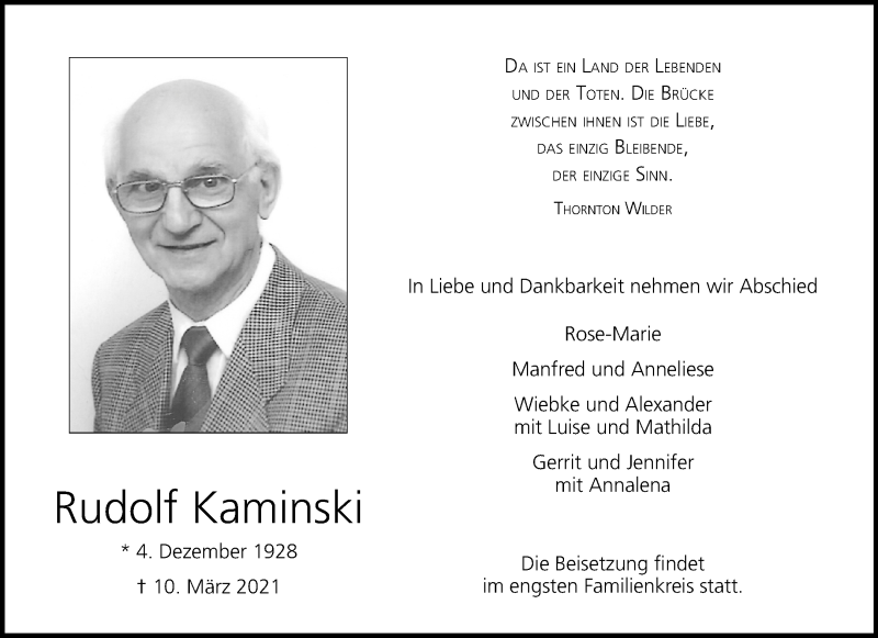  Traueranzeige für Rudolf Kaminski vom 20.03.2021 aus 