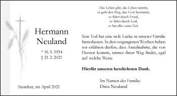 Anzeige von Hermann Neuland 