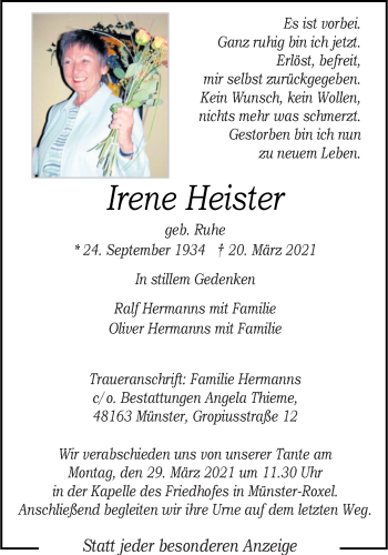 Anzeige von Irene Heister 