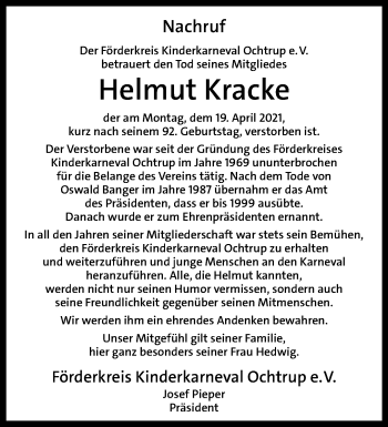 Anzeige von Helmut Kracke 
