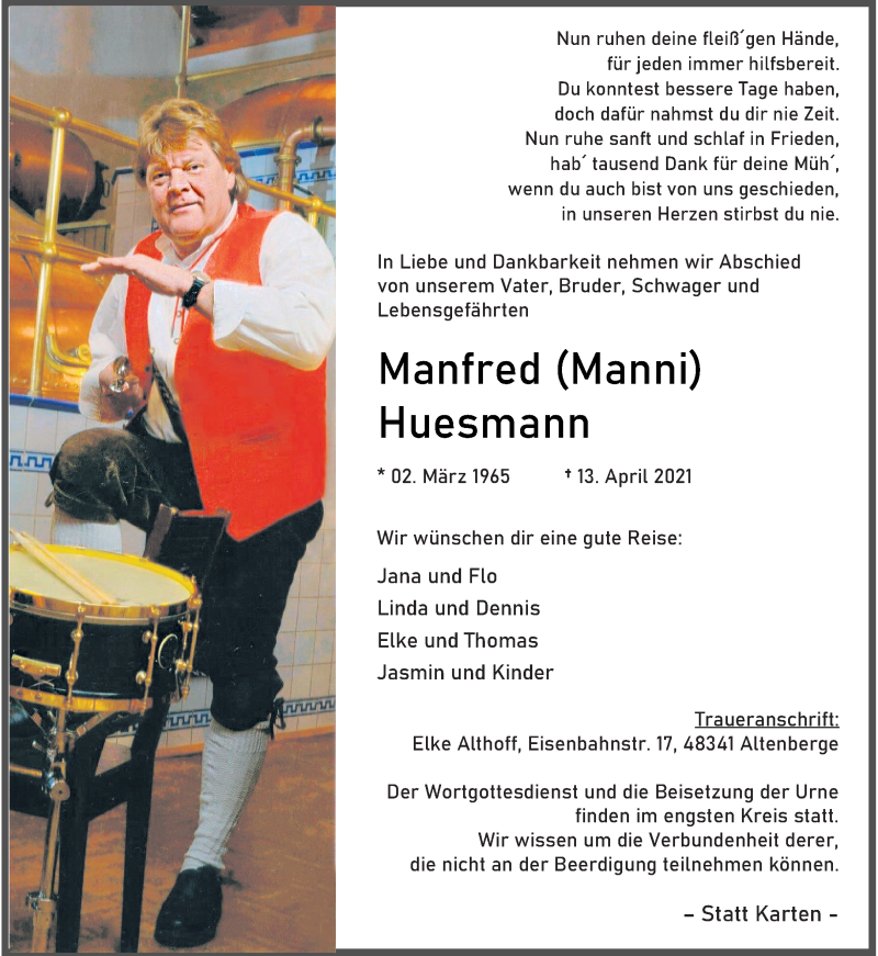  Traueranzeige für Manfred (Manni) Huesmann vom 17.04.2021 aus 