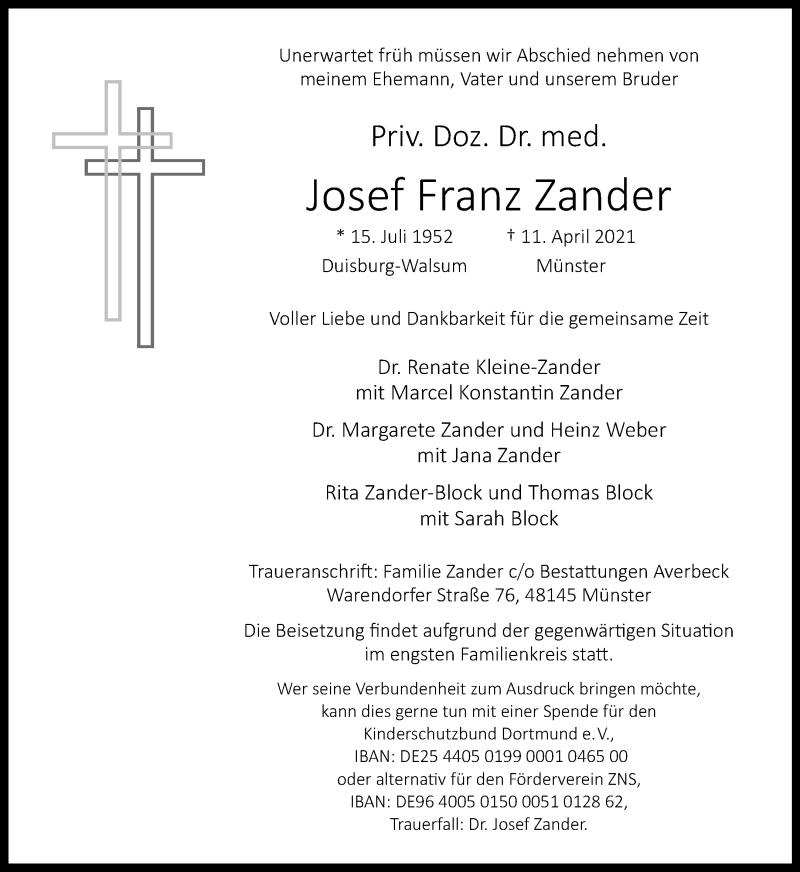  Traueranzeige für Josef Franz Zander vom 17.04.2021 aus 