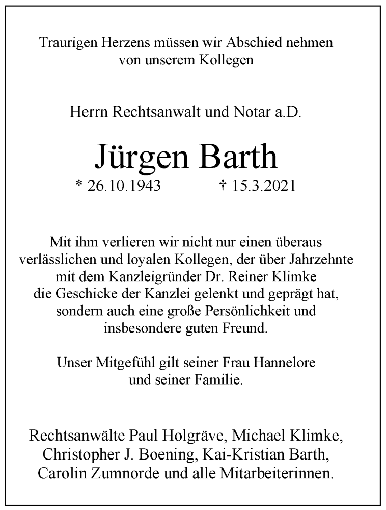  Traueranzeige für Jürgen Barth vom 02.04.2021 aus 