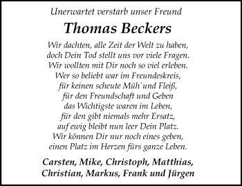 Anzeige von Thomas Beckers 