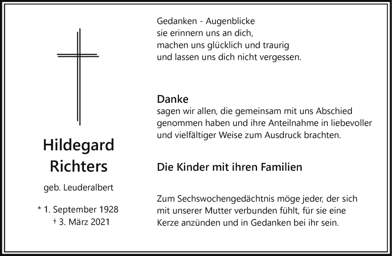  Traueranzeige für Hildegard Richters vom 14.04.2021 aus 