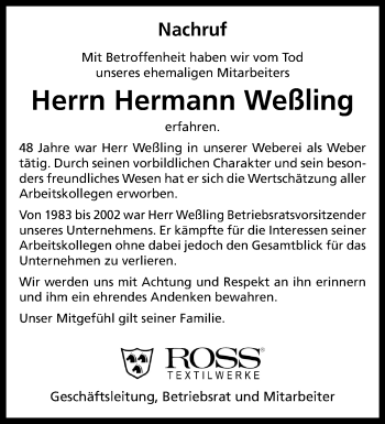 Anzeige von Hermann Weßling 