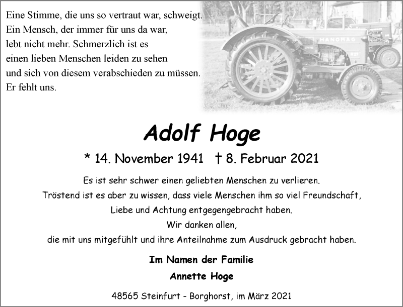  Traueranzeige für Adolf Hoge vom 24.03.2021 aus 