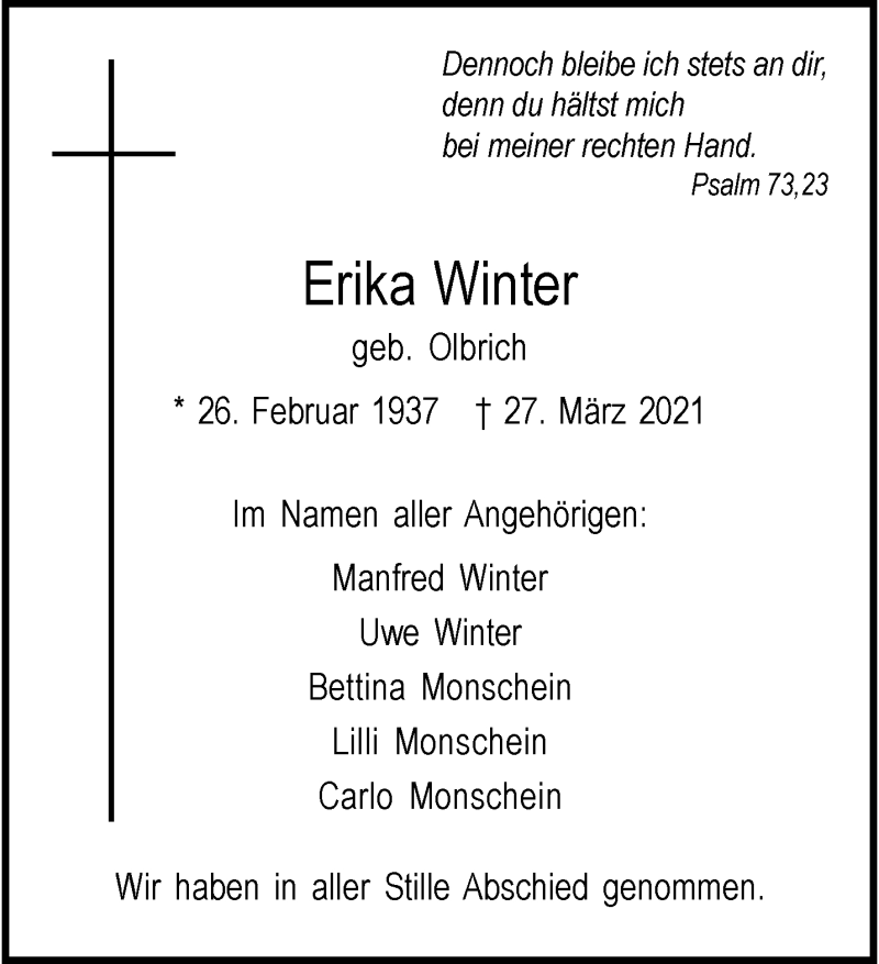  Traueranzeige für Erika Winter vom 02.04.2021 aus 