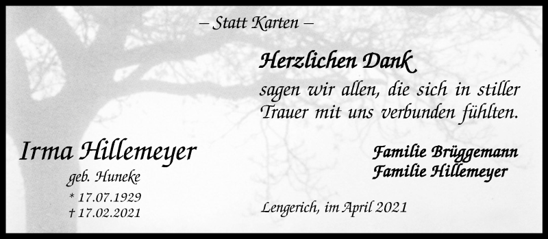  Traueranzeige für Irma Hillemeyer vom 01.04.2021 aus 