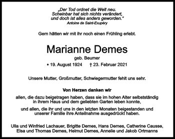 Anzeige von Marianne Demes 