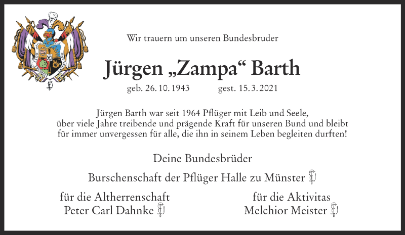  Traueranzeige für Jürgen Barth vom 07.04.2021 aus 