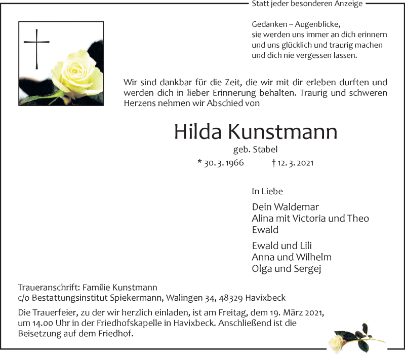  Traueranzeige für Hilda Kunstmann vom 17.03.2021 aus 