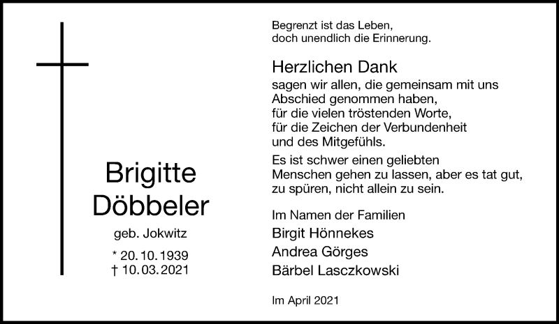  Traueranzeige für Brigitte Döbbeler vom 24.04.2021 aus 