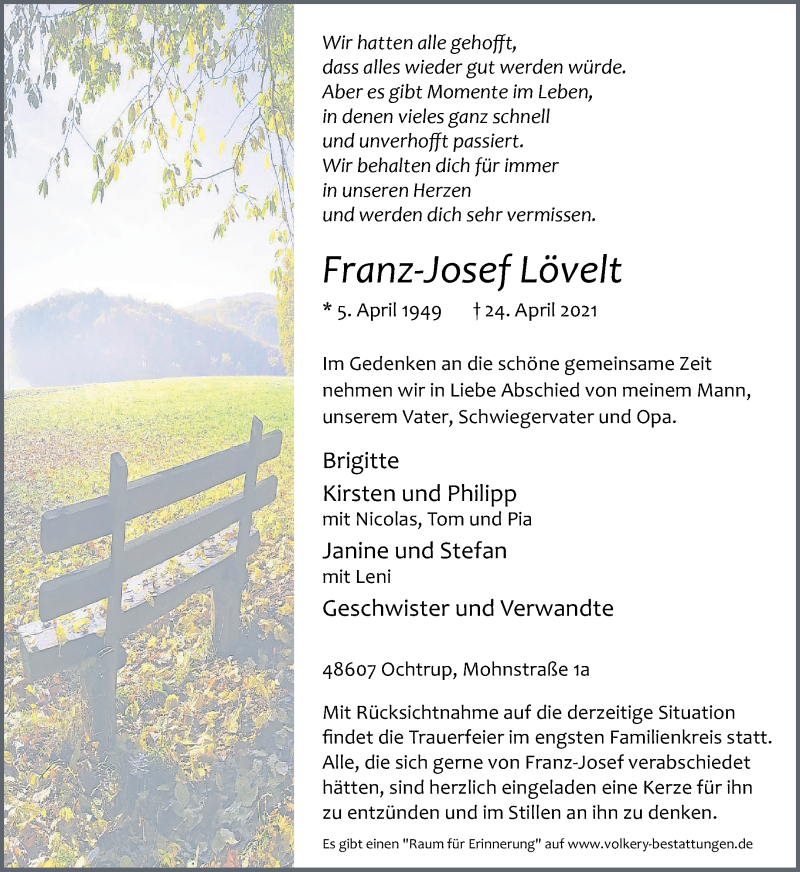  Traueranzeige für Franz-Josef Lövelt vom 26.04.2021 aus 