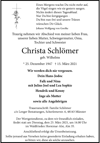 Anzeige von Christa Schlömer 