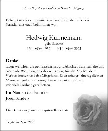 Anzeige von Hedwig Künnemann 