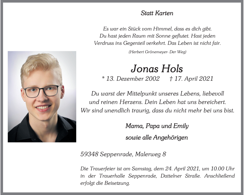  Traueranzeige für Jonas Hols vom 22.04.2021 aus 