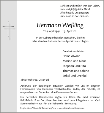 Anzeige von Hermann Weßling 