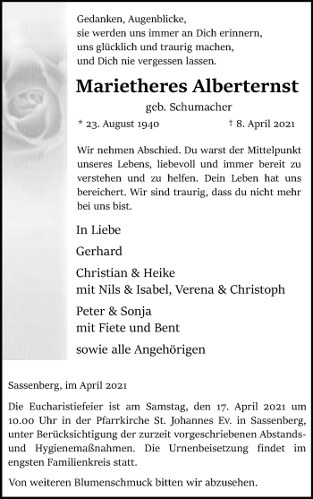Anzeige von Marietheres Alberternst 