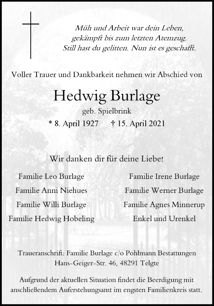  Traueranzeige für Hedwig Burlage vom 17.04.2021 aus 