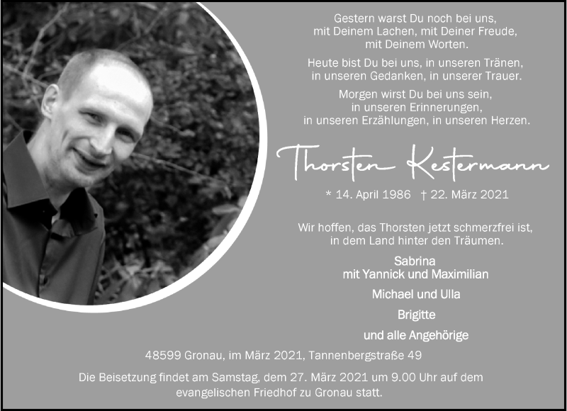  Traueranzeige für Thorsten Kestermann vom 26.03.2021 aus 