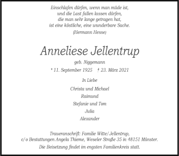 Anzeige von Anneliese Jellentrup 