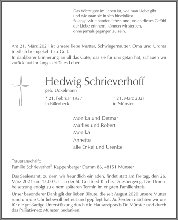 Anzeige von Hedwig Schrieverhoff 