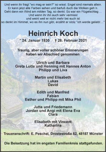 Anzeige von Heinrich Koch 