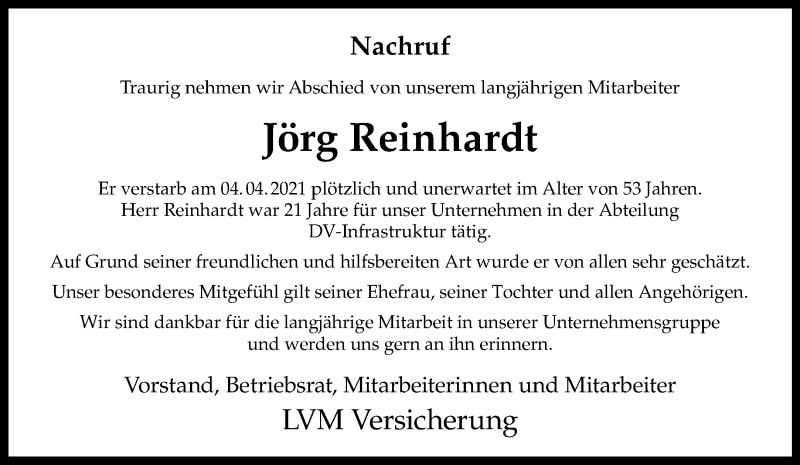  Traueranzeige für Jörg Reinhardt vom 10.04.2021 aus 
