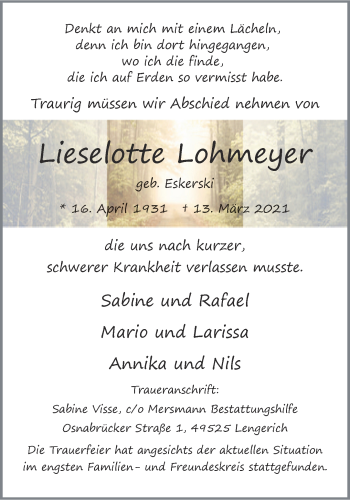 Anzeige von Lieselotte Lohmeyer 