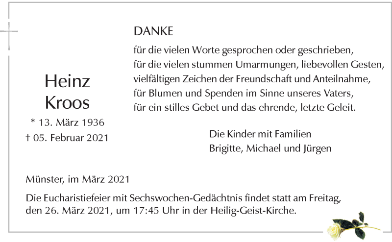  Traueranzeige für Heinz Kroos vom 26.03.2021 aus 