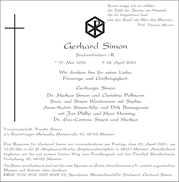 Anzeige von Gerhard Simon 