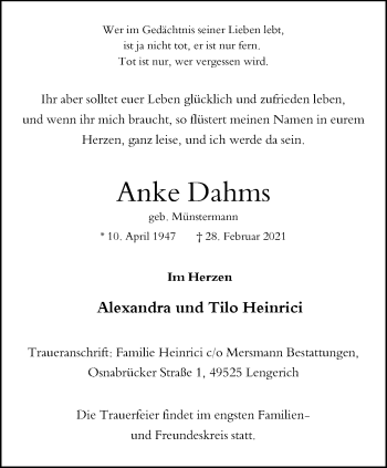Anzeige von Anke Dahms 