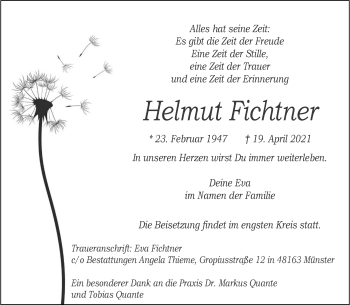 Anzeige von Helmut Fichtner 