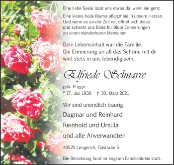 Anzeige von Elfriede Schnarre 