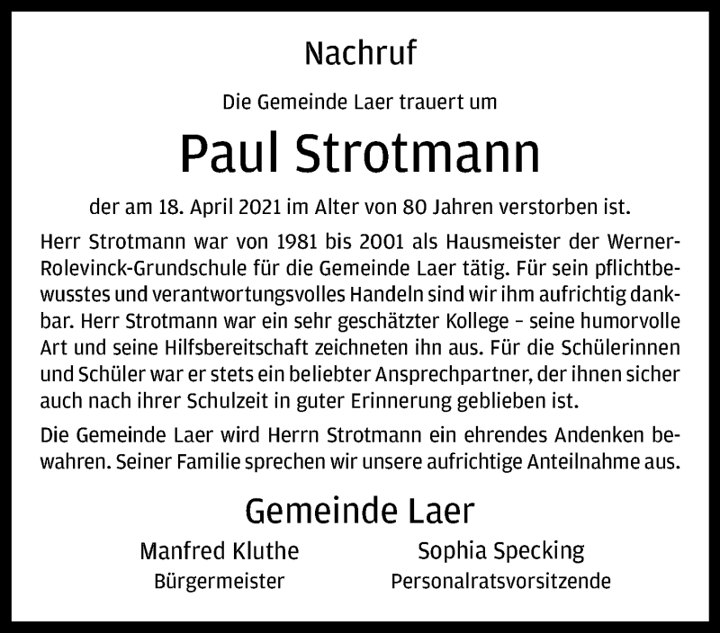  Traueranzeige für Paul Strotmann vom 24.04.2021 aus 