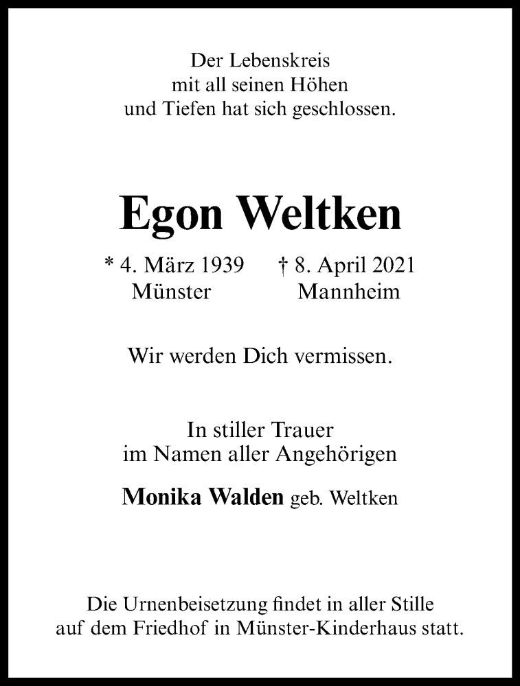  Traueranzeige für Egon Weltken vom 17.04.2021 aus 