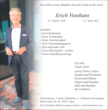 Anzeige von Erich Vosshans 