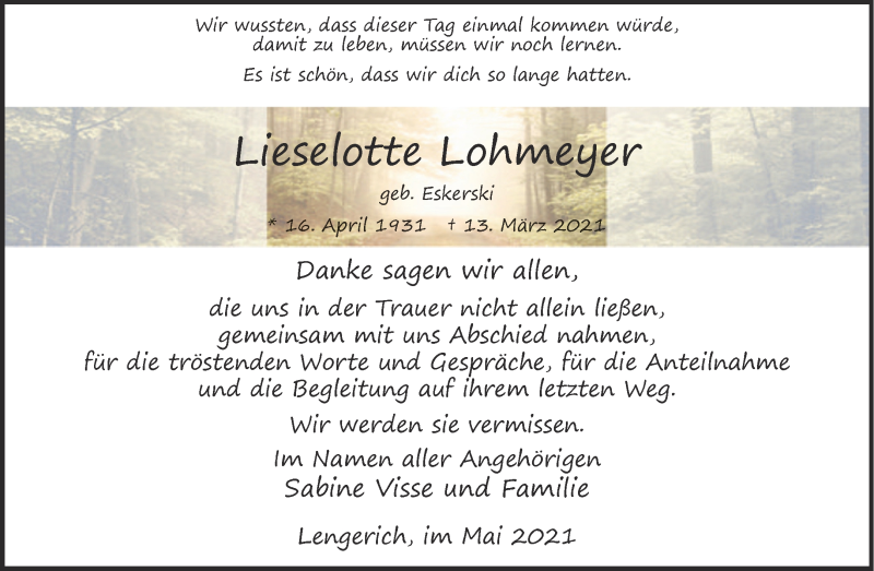  Traueranzeige für Lieselotte Lohmeyer vom 08.05.2021 aus 