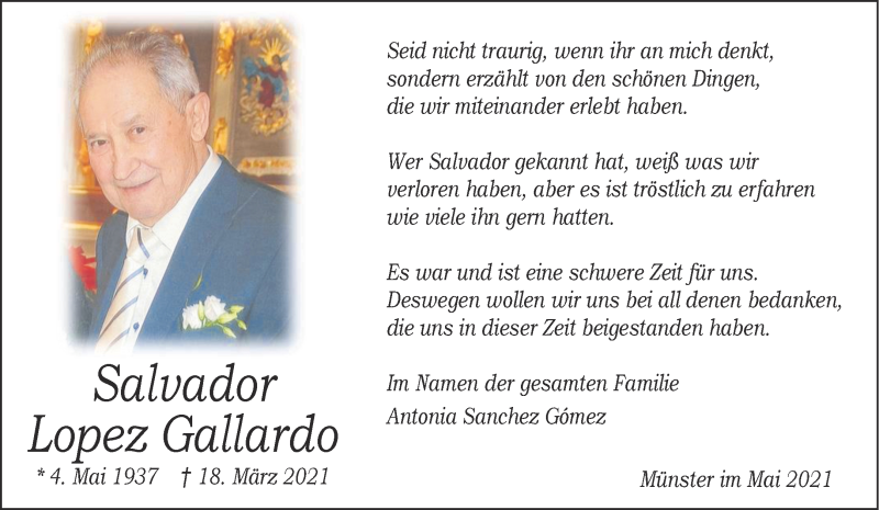  Traueranzeige für Salvador Lopez vom 01.05.2021 aus 