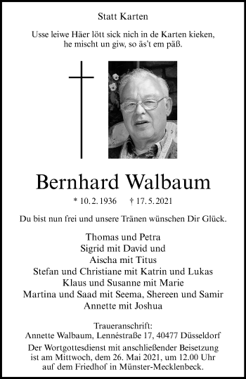 Anzeige von Bernhard Walbaum 